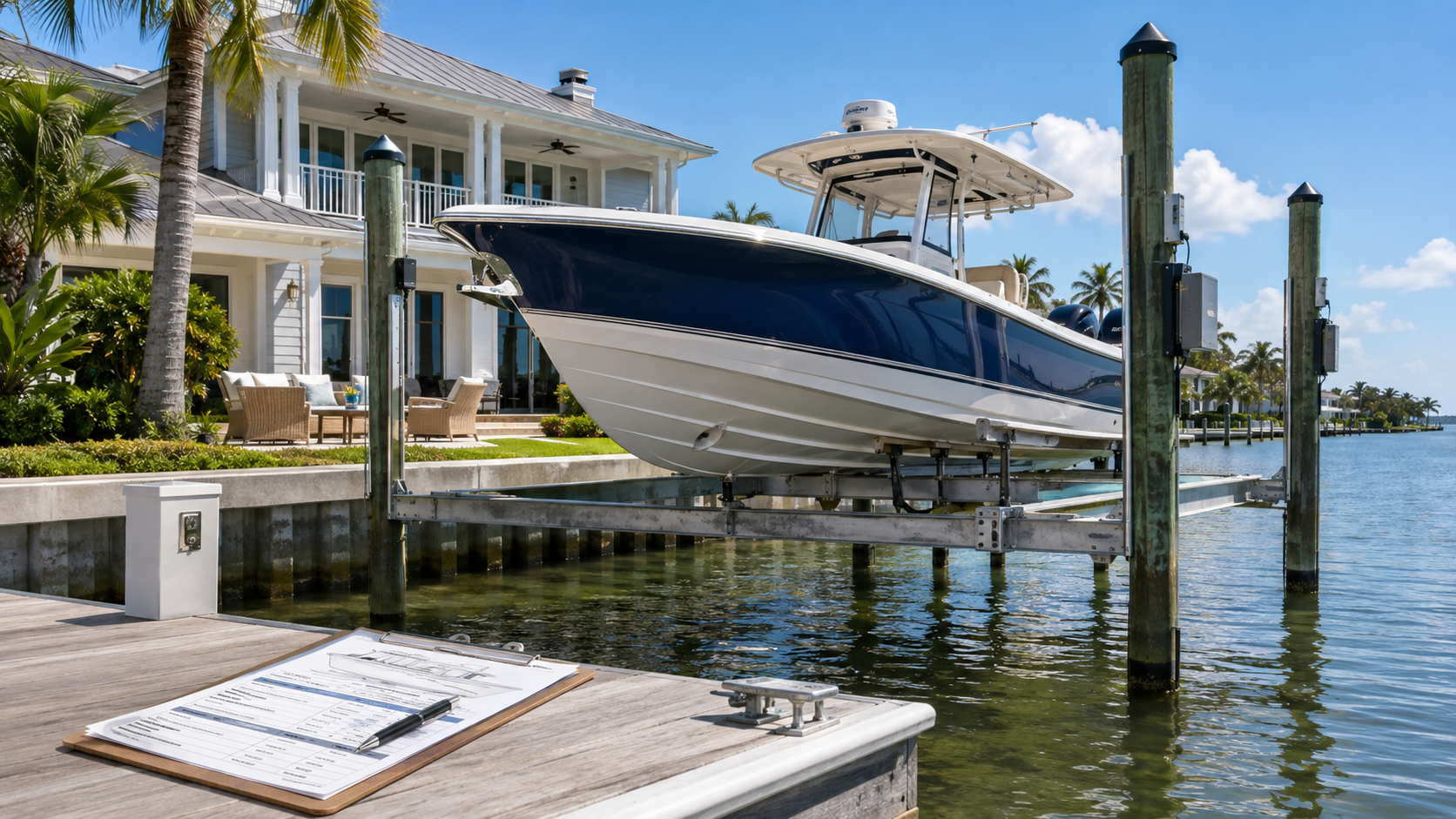 Boat lifted on a waterfront dock behind a coastal home, illustrating how boat lift capacity and actual vessel weight affect waterfront property planning.