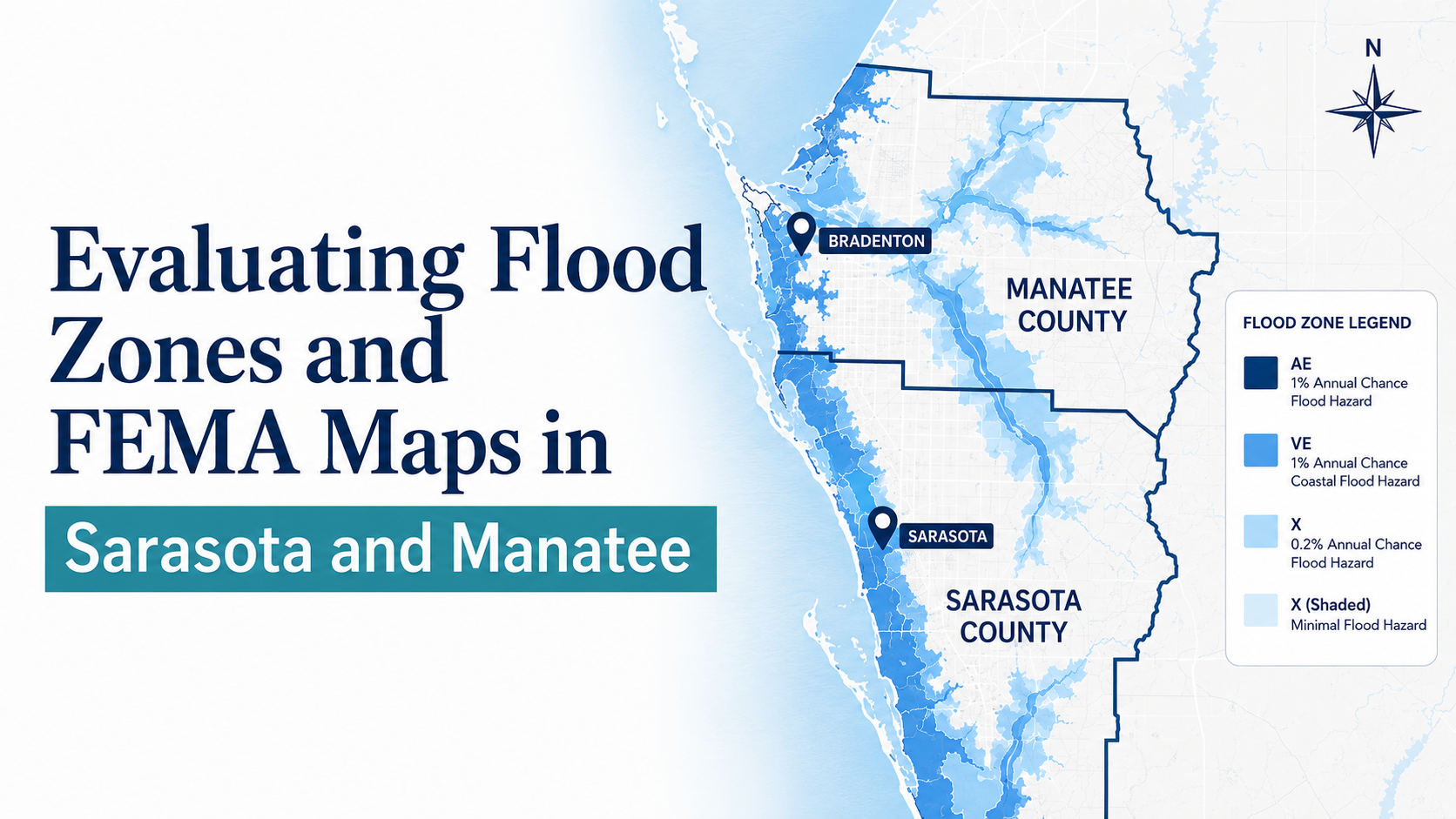 FEMA flood zone map highlighting Sarasota and Manatee counties in Florida`